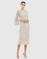 Beige and Silver Fully Sequined Ruffle Tiered 3/4 Sleeve Midi Dress