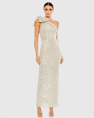 Beige Sequined Bow One Shoulder Column Gown