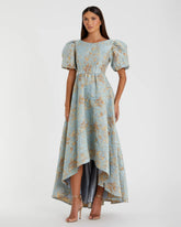 Blue Brocade Puff Sleeve High Low Gown