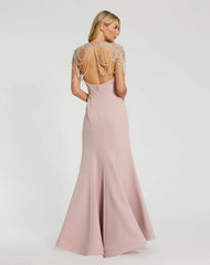 Pink Draped Pearl Beaded Mermaid Gown