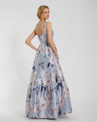 Blue Floral Printed Satin Gown with Pockets