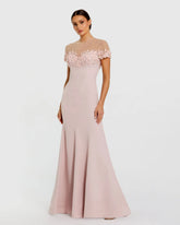 Pink Mermaid Crepe Gown With Beaded Illusion Neck