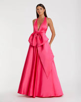 Pink Deep V Satin Ballgown with Oversized Bow