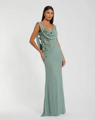 Sleeveless Jersey Cowl Neck Gown With Beading