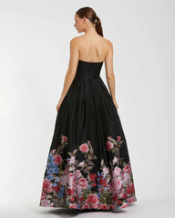 Black Strapless Floral Brocade Ballgown