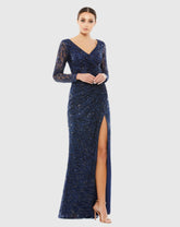 Navy Long Sleeve Ruched Sequined V-Neck Gown