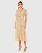 Beige Embellished Short Sleeve Empire Waist Dress