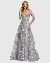 Long Sleeve Beaded Applique Gown