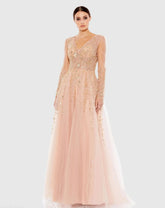 Pink Embellished V Neck Long Sleeve A Line Gown