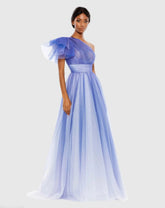 Blue Glitter Ombre Ruffled One Shoulder Ball Gown - FINAL SALE
