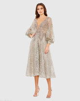 Beige Embellished Plunge Neck Bishop Sleeve Dress