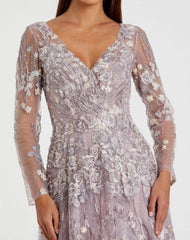 Purple Embroidered Lace Long Sleeve Floral Gown