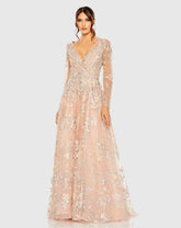 Embroidered Lace Wrap Over Illusion Long Sleeve A Line Gown
