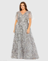 Silver High Neck Flutter Sleeve Embellished A-Line Gown (Plus)