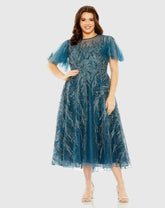 Blue High Neck Flutter Sleeve Embellished A Line Dress (Plus)