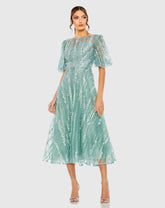 Green High Neck Puff Sleeve Embellished A Line Dress