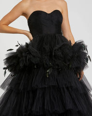 Black Strapless Tulle Gown with Feather Detail