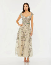 Ivory Floral Embroidered Sweetheart Neckline Midi Dress
