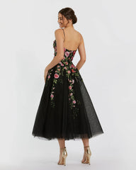 Black Multicolor Bustier Embroidered Floral A-Line Dress