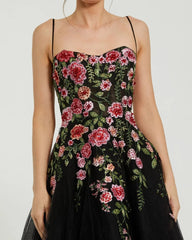 Black Multicolor Bustier Embroidered Floral A-Line Dress