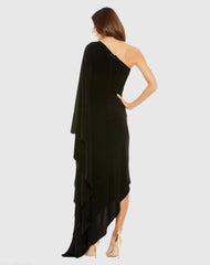 Black One Shoulder Cape Sleeve Ruched Detail Jersey Dress
