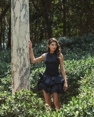 Black Sleeveless Crepe Bubble Skirt Mini Dress