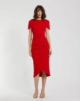 Red Crepe Boat Neck Midi Tulip Dress With Belt