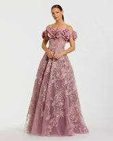 Purple Floral Embroidered Off The Shoulder A-line Gown