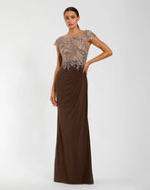 Brown Crystal Applique Embellished Jersey Gown