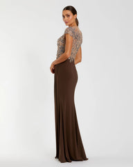 Brown Crystal Applique Embellished Jersey Gown