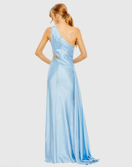 Blue One Shoulder Charmeuse Gown With Beaded Cutout
