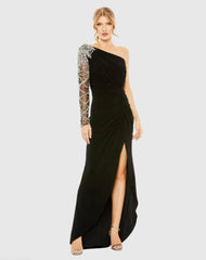 Black Embellished One Shoulder Long Sleeve Gown