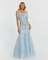 Blue Feather Embellished Strapless Trumpet Gown