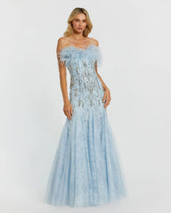 Blue Feather Embellished Strapless Trumpet Gown