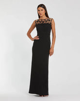 Black Sleeveless Crepe Gown With Embellished Bows
