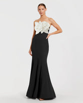 Black Strapless Crepe Mermaid Gown With 3D Flowers