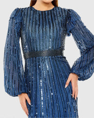 Blue Long Sleeve Ruffle Detail Sequin Dress
