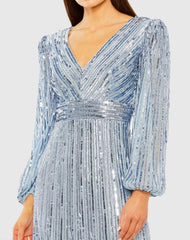 Blue A-Line V-Neck Sequin Ruffle Dress