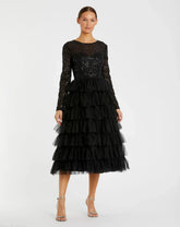 Black Long Sleeve Ruffle Tiered Midi Dress