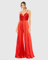 Red Pleated Plunge Neck Wide Leg Jumpsuit