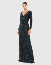 Navy Long Sleeve Sequined Gown
