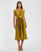 Pleated Cap Sleeve Belted A Line Dress