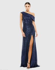 Navy Sequined Drop Shoulder Gown
