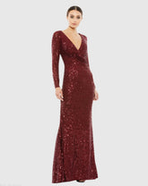 Red Sequined Faux Wrap Long Sleeve Column Gown