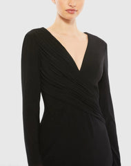 Black Jersey Long Sleeve Asymmetrical Ruched Gown