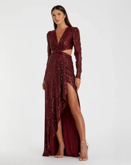 Red Sequined Criss Cross Long Sleeve Gown