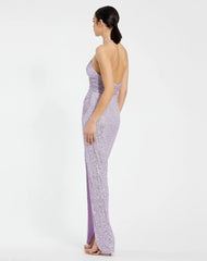 Purple Halter Neck Ruched Side Front Slit Sequin Gown