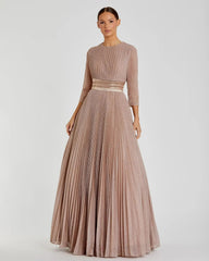 Pink Shimmering Pleated A-Line 3/4 Sleeve Gown