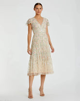 Beige Multicolor Embroidered V Neck Cap Sleeve Midi Dress