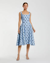 Blue Square Neck Crepe Polka Dot Fit and Flare Midi Dress